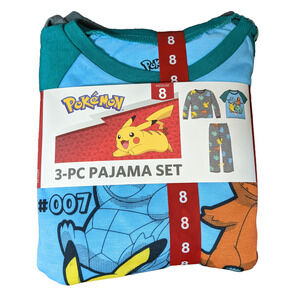 Pokemon 3pc‎ Boys Pajama Set Size 8 Blue Gray Kids 2 Tops 1 Pants Sleep Pj Gift